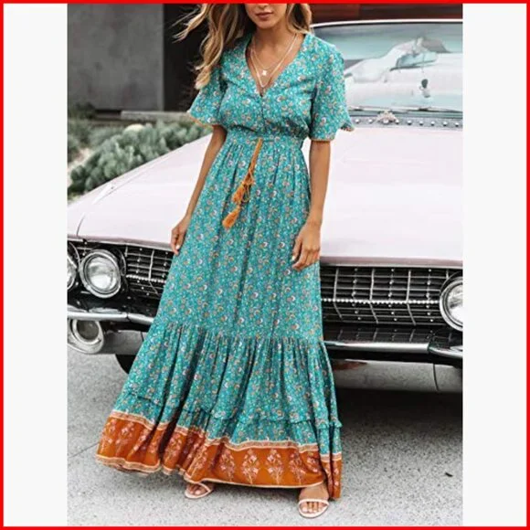 Summer Midi Dress V-Neck Short Sleeve Floral Print Bohemian Casual - Picture 3 of 7